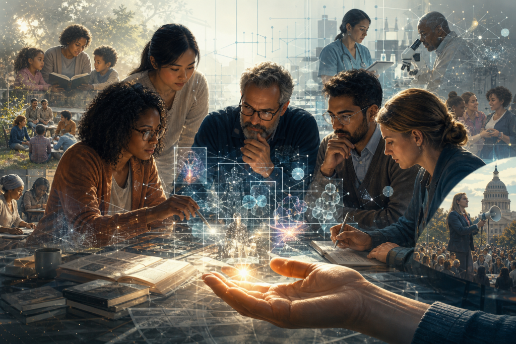 Diverse people collaborate across education, scientific research, and civic engagement, connected by glowing networks
