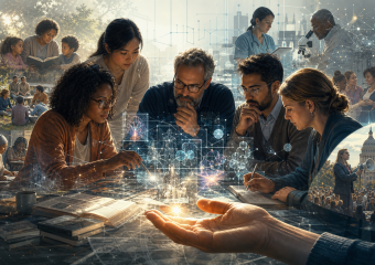 Diverse people collaborate across education, scientific research, and civic engagement, connected by glowing networks
