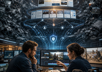Two journalists review video footage amid floating digital records, connected profiles, and a glowing security shield
