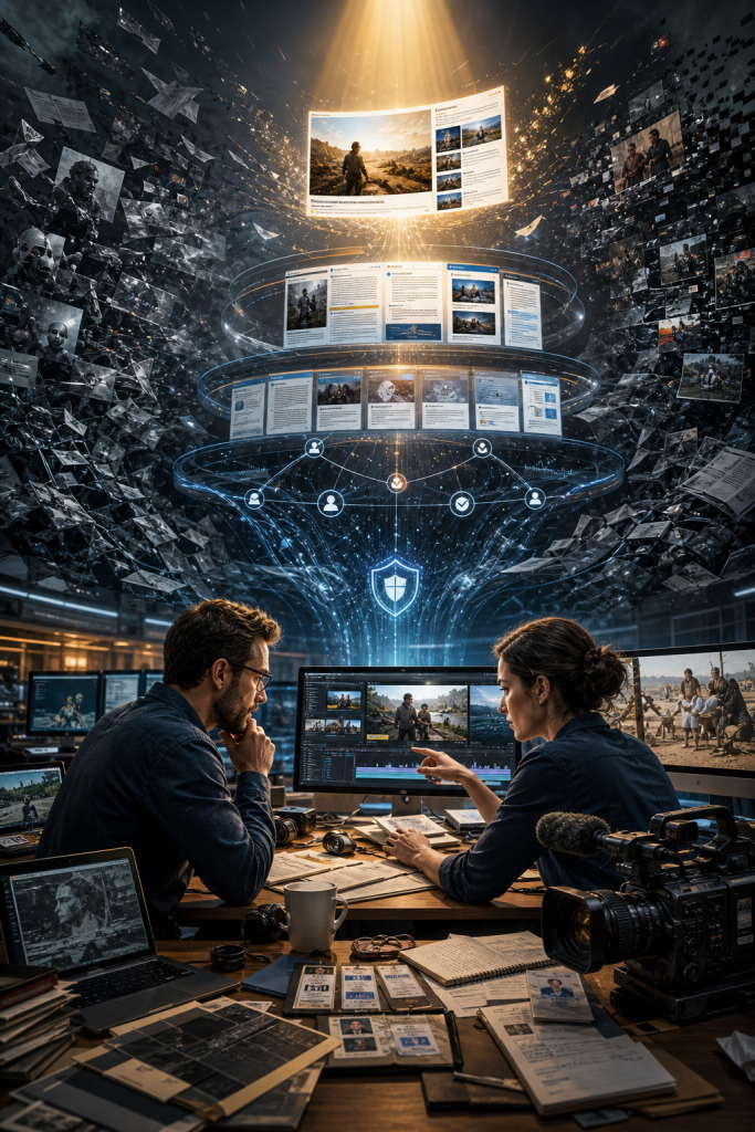 Two journalists review video footage amid floating digital records, connected profiles, and a glowing security shield