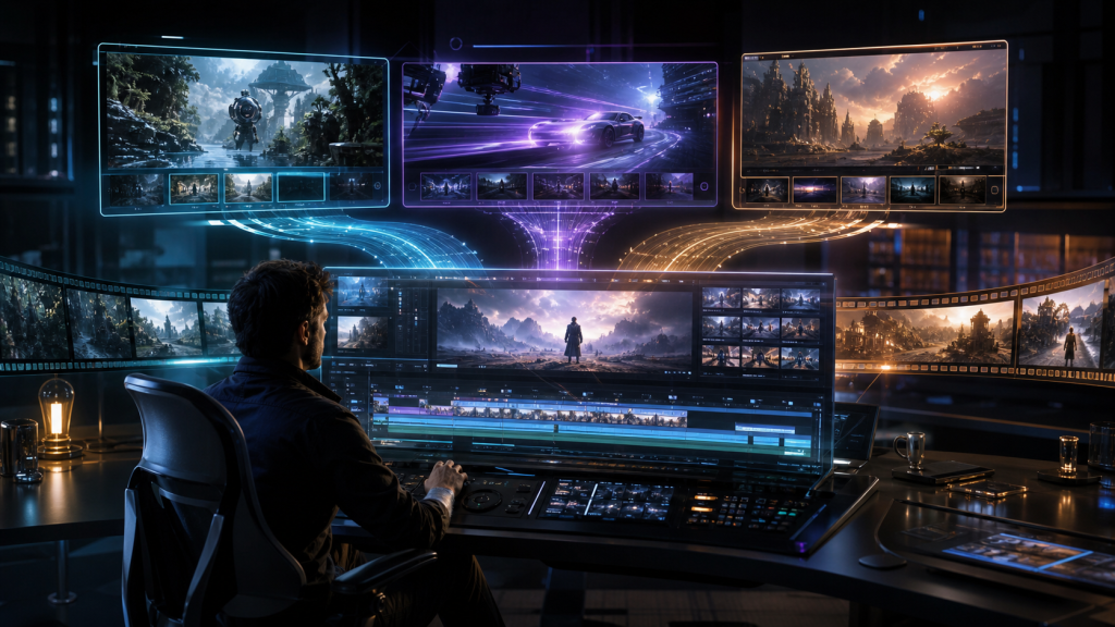 Video editor at a futuristic console surrounded by screens displaying fantasy and science-fiction scenes