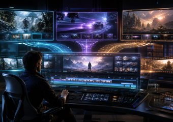 Video editor at a futuristic console surrounded by screens displaying fantasy and science-fiction scenes